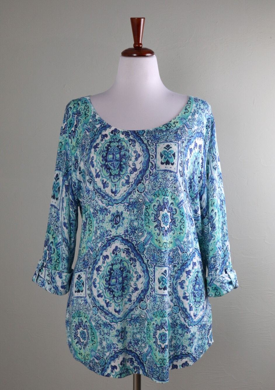 TALBOTS NWT Medallion Print Scoop Neck Cotton Knit Sweater Top Size XL